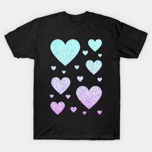 Pastel Blue and Purple Ombre Faux Glitter Hearts T-Shirt